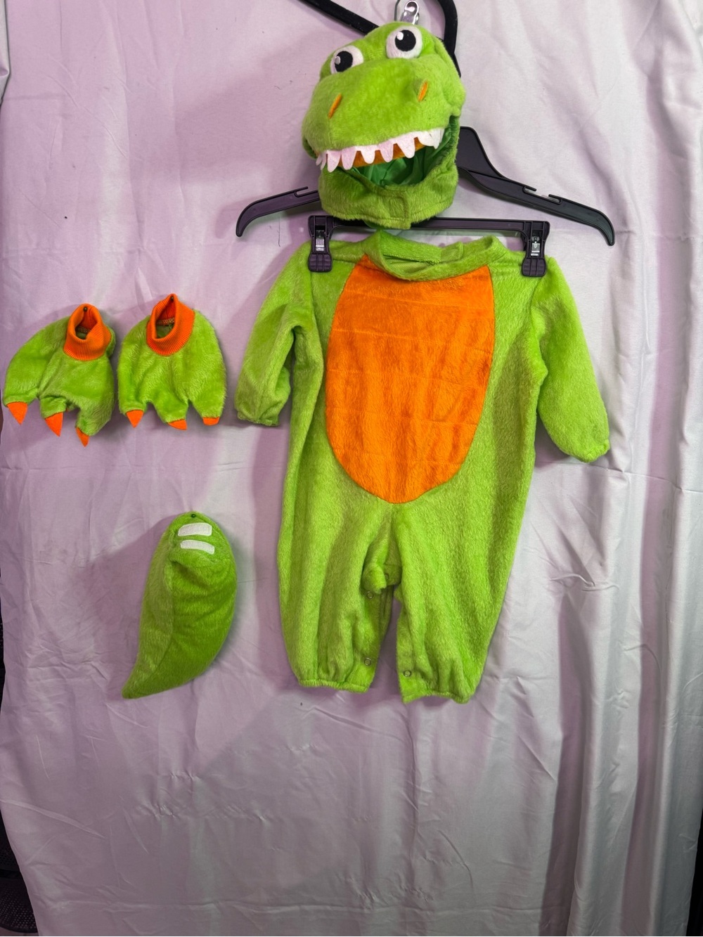 Plush Green and Orange Baby Dinosaur Costume with Hood and Tail